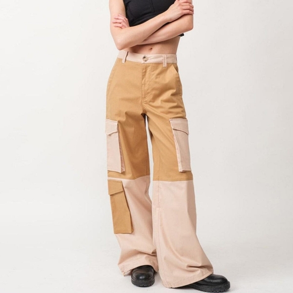 Boutique Patchwork Utility Cargo Pants in Taupe and Cream - Picture 2 of 15
